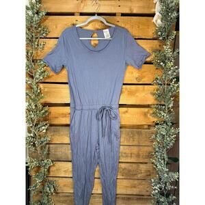 Serra Blue Short Sleeve Jumpsuit with Tie Waist